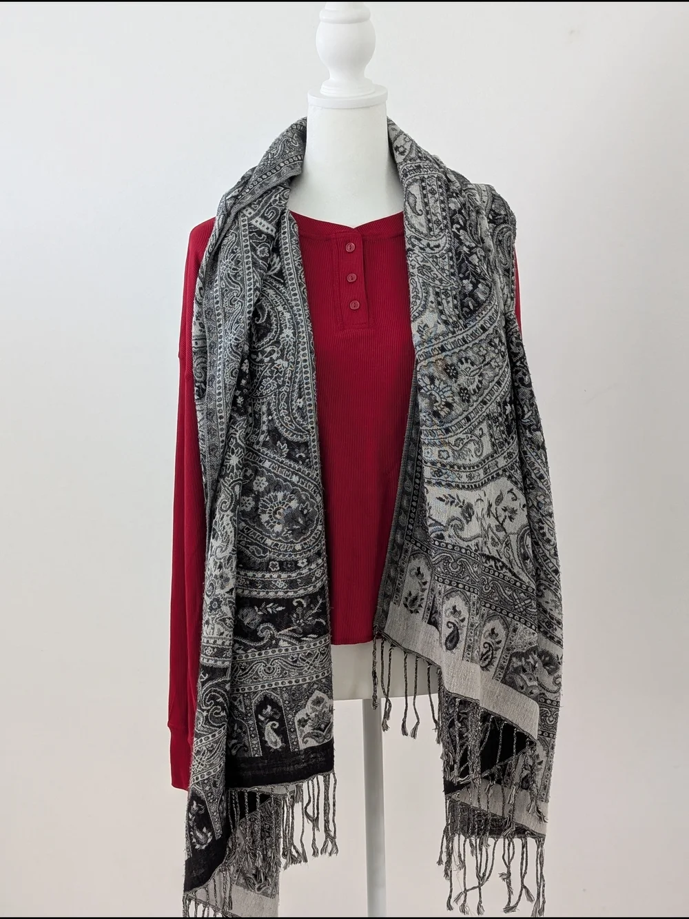 Boho Shawl Paisley Pashmina Scarf Black White Jacquard Pattern Fridge Oversized